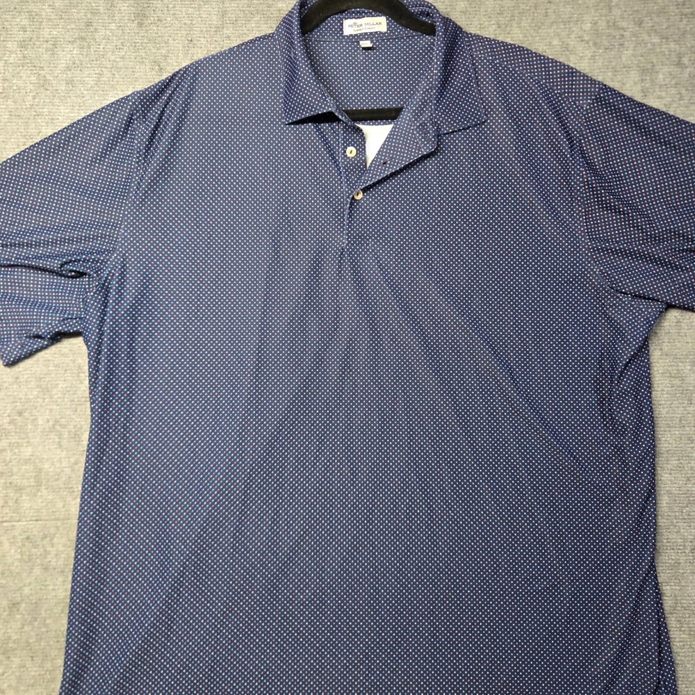 Peter Millar Summer Comfort Polo Shirt Mens XXL Navy Pink Blue Polka Dot Golf